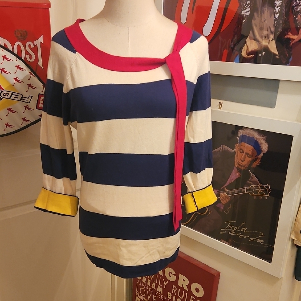 Joules Blue and Cream Striped Sweater with Pink and Yellow Accents - Picture 1 of 6